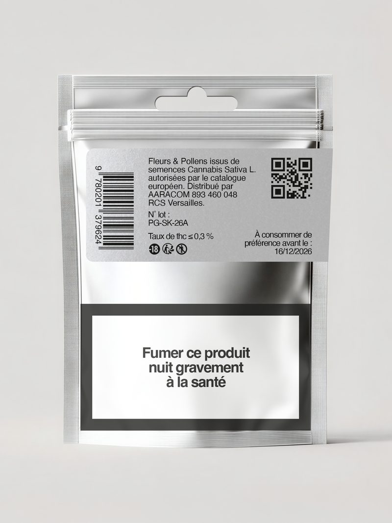 Verso du sachet — numéro de lot, taux, certificat